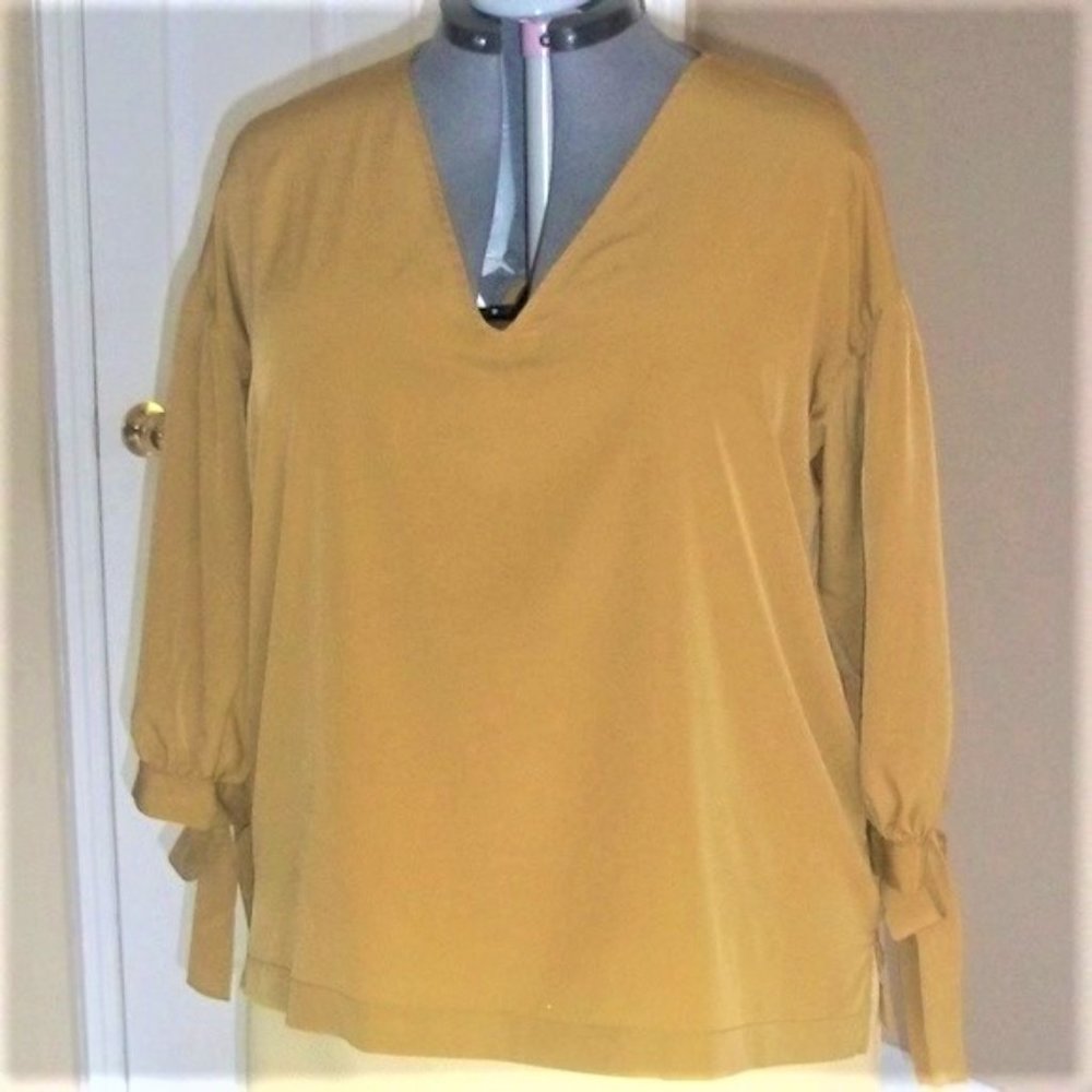 Golden Drop-Shoulder Puff-Sleeve Bow-Cuff Blouse